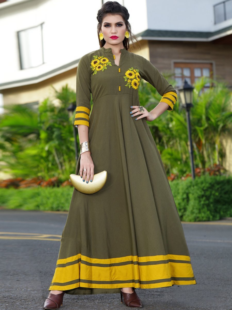 Dark Olive Party Wear Gown Kurti