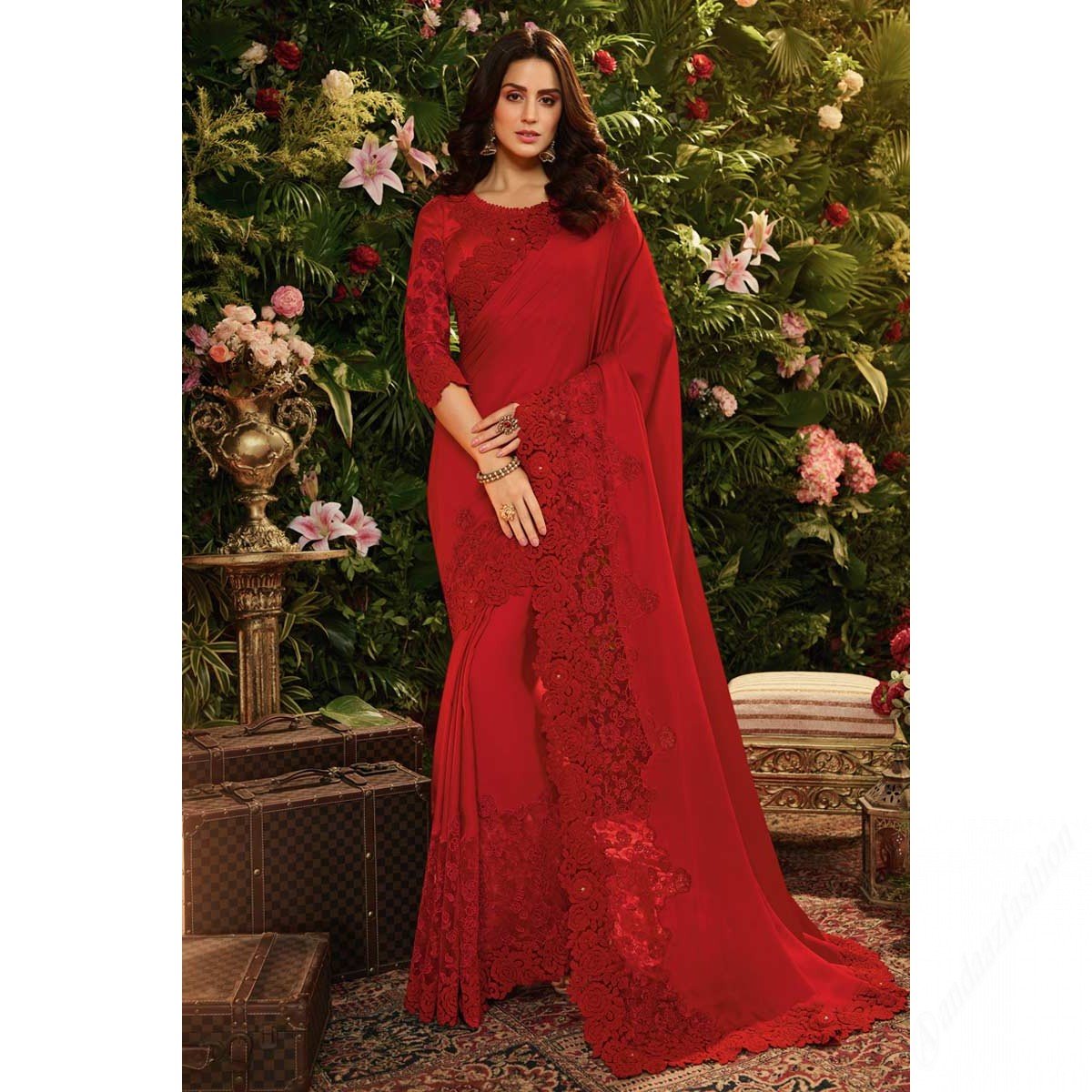 Deep Red Silk Saree With Raw Silk Blouse