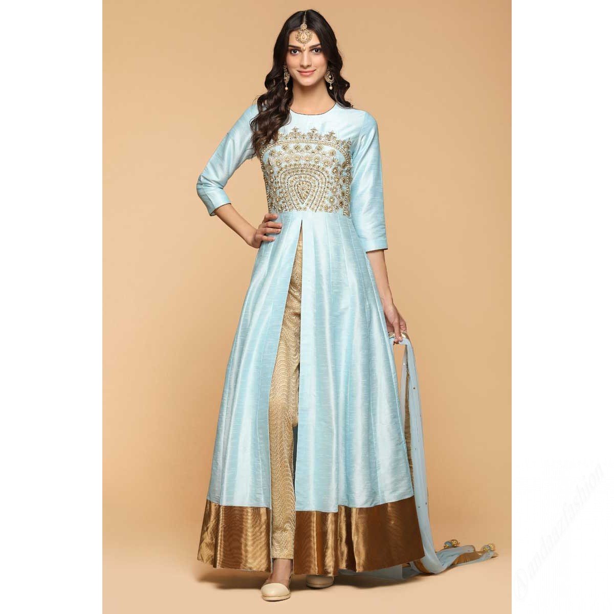 Firozi Blue Silk Anarkali Suit With Resham Work