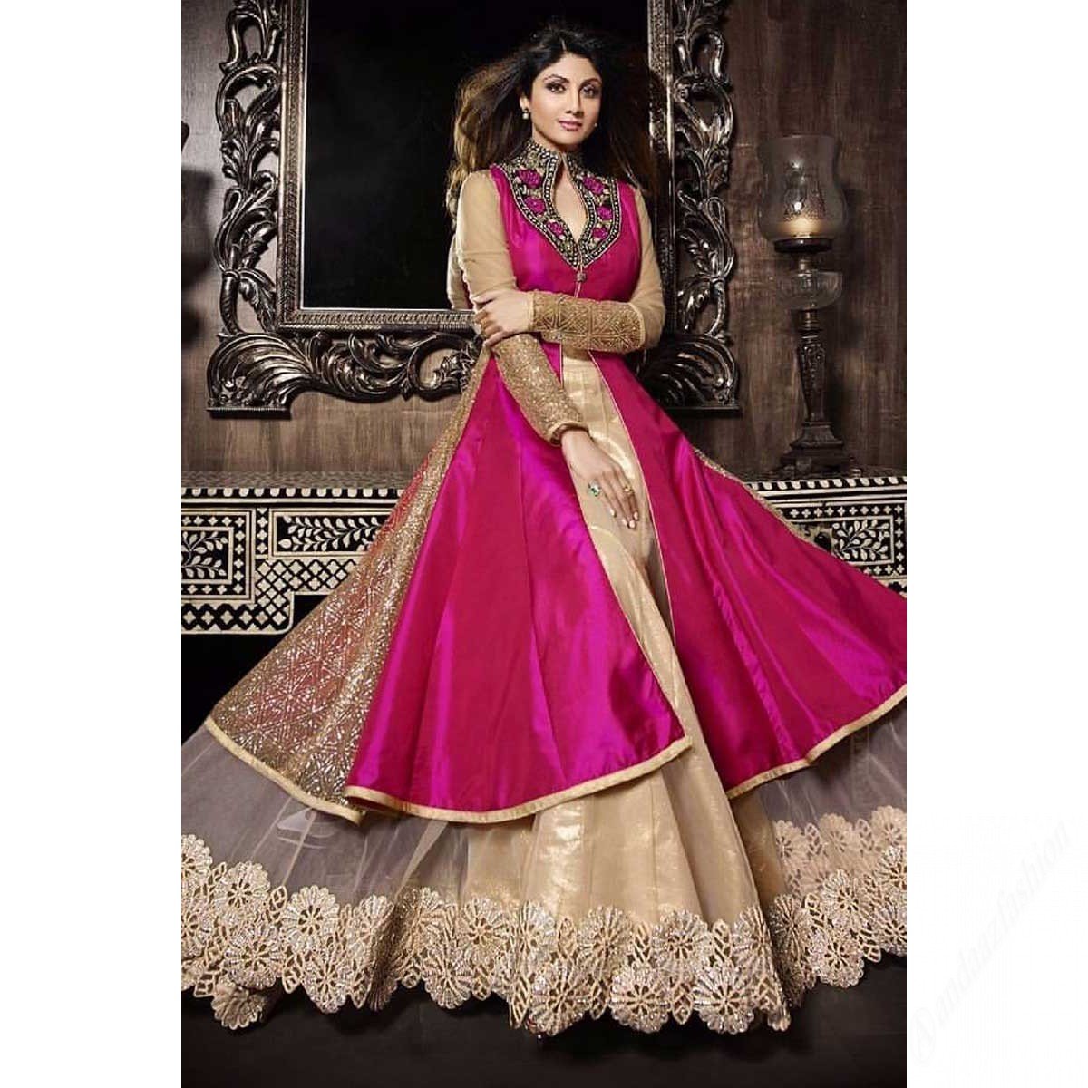 Magenta Taffeta Silk Jacket With Beige Net Lehenga