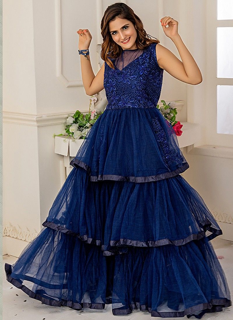Designer Partywear Navy Soft Net Gown