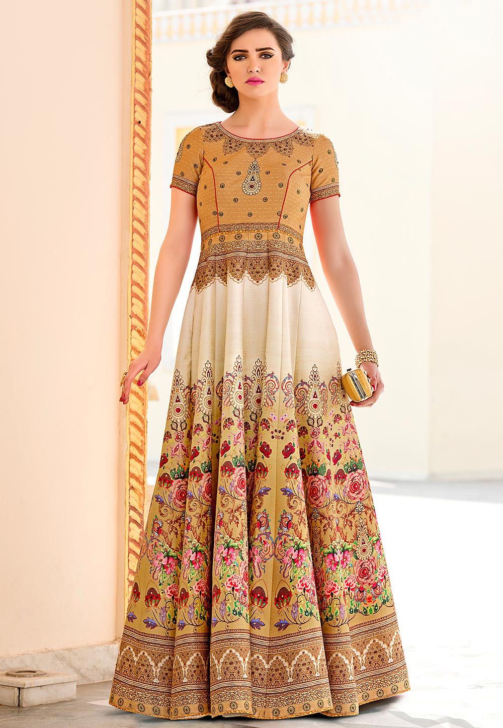 Digital Printed Art Silk Gown in Light Mustard and Off White