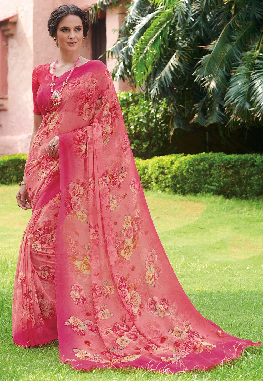 Digital Printed Georgette Saree in Coral Pink