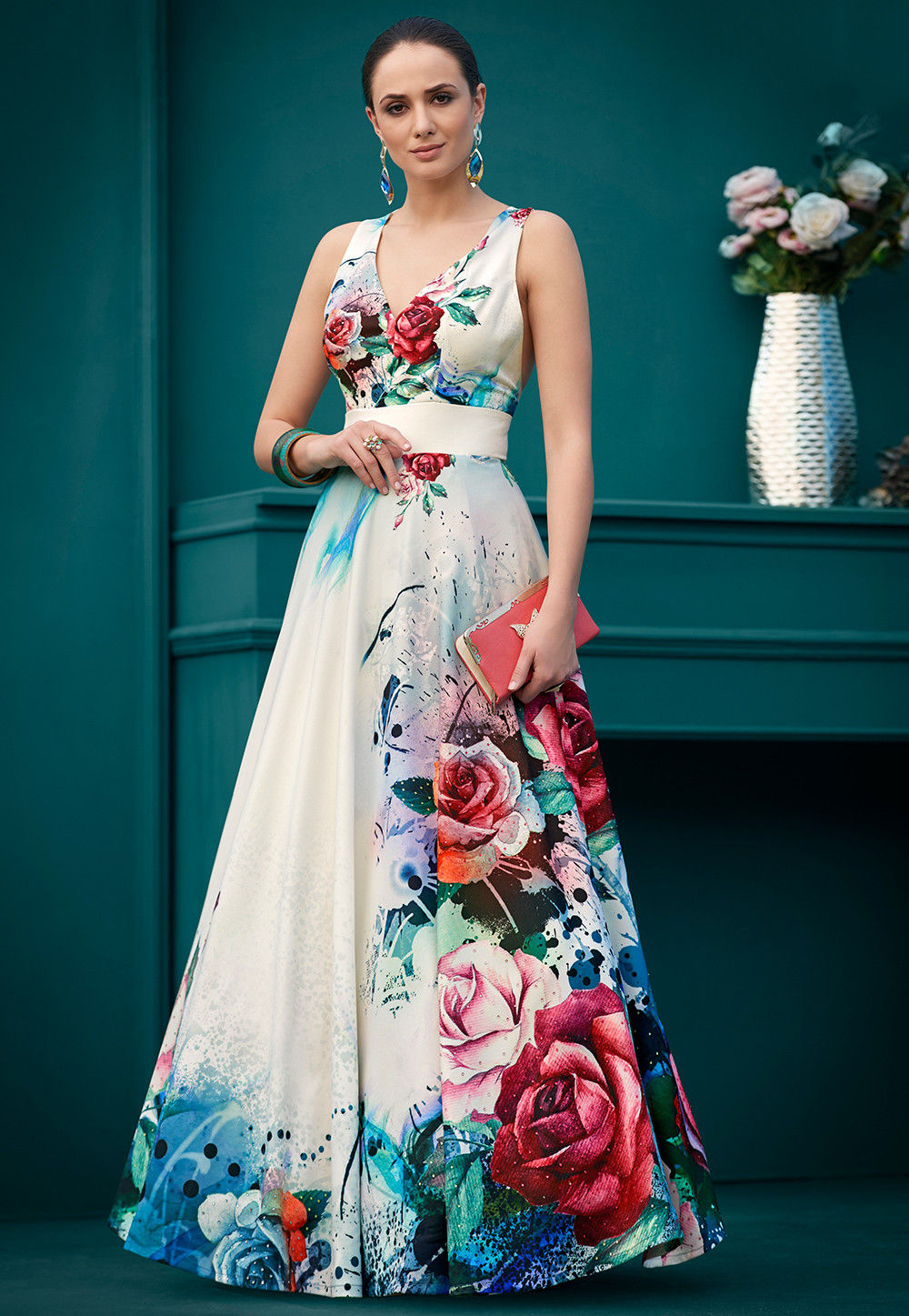Digital Printed Lycra Gown in White and Multicolor