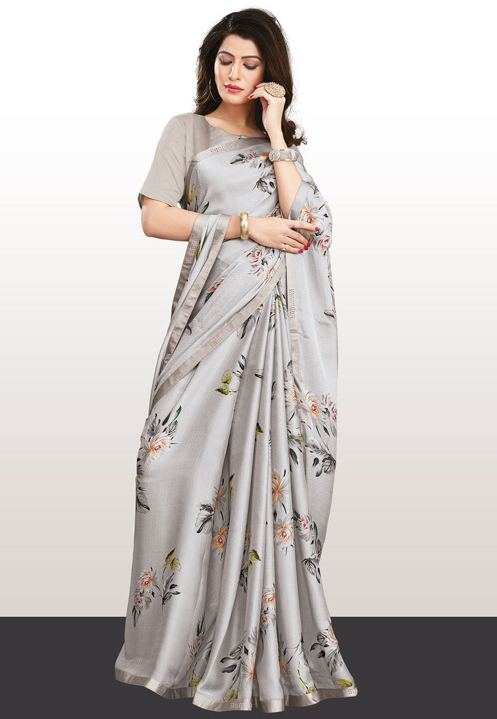 Digital Printed Satin Saree in Light Grey