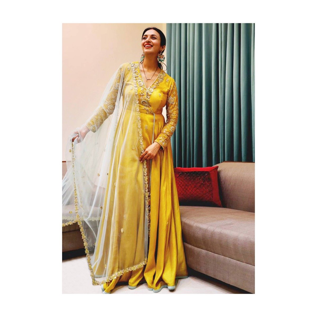 Divyanka Tripathi In Kalki Yellow Angrakha Style Suit With Powder Blue Net Dupatta