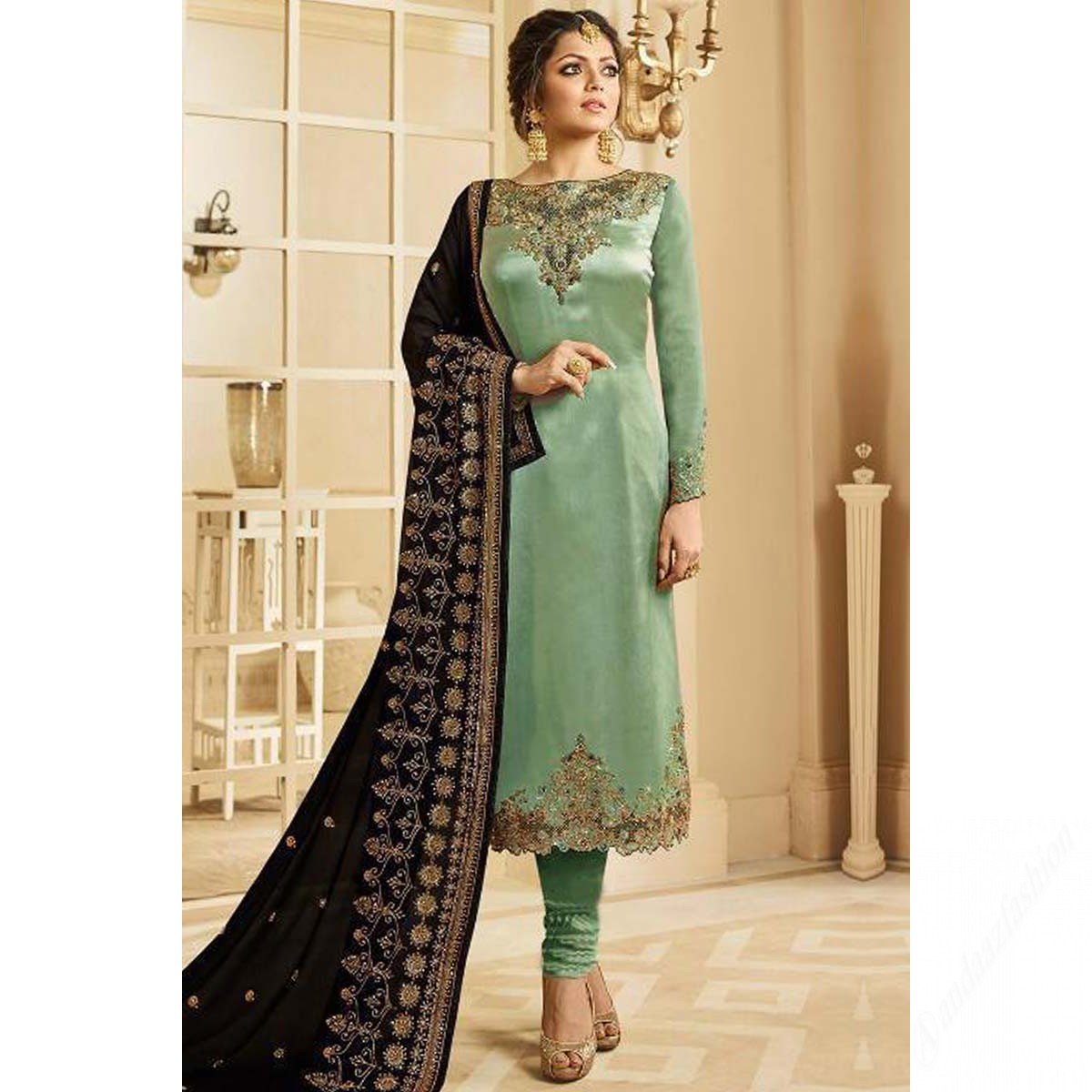 Dusty Green Color Satin Silk Churidar Suit