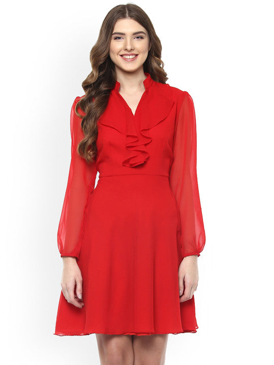 Women Red Solid Fit and Flare Dress