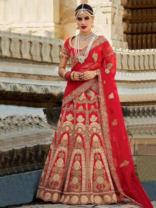 Red embroidered net lehenga with dupatta