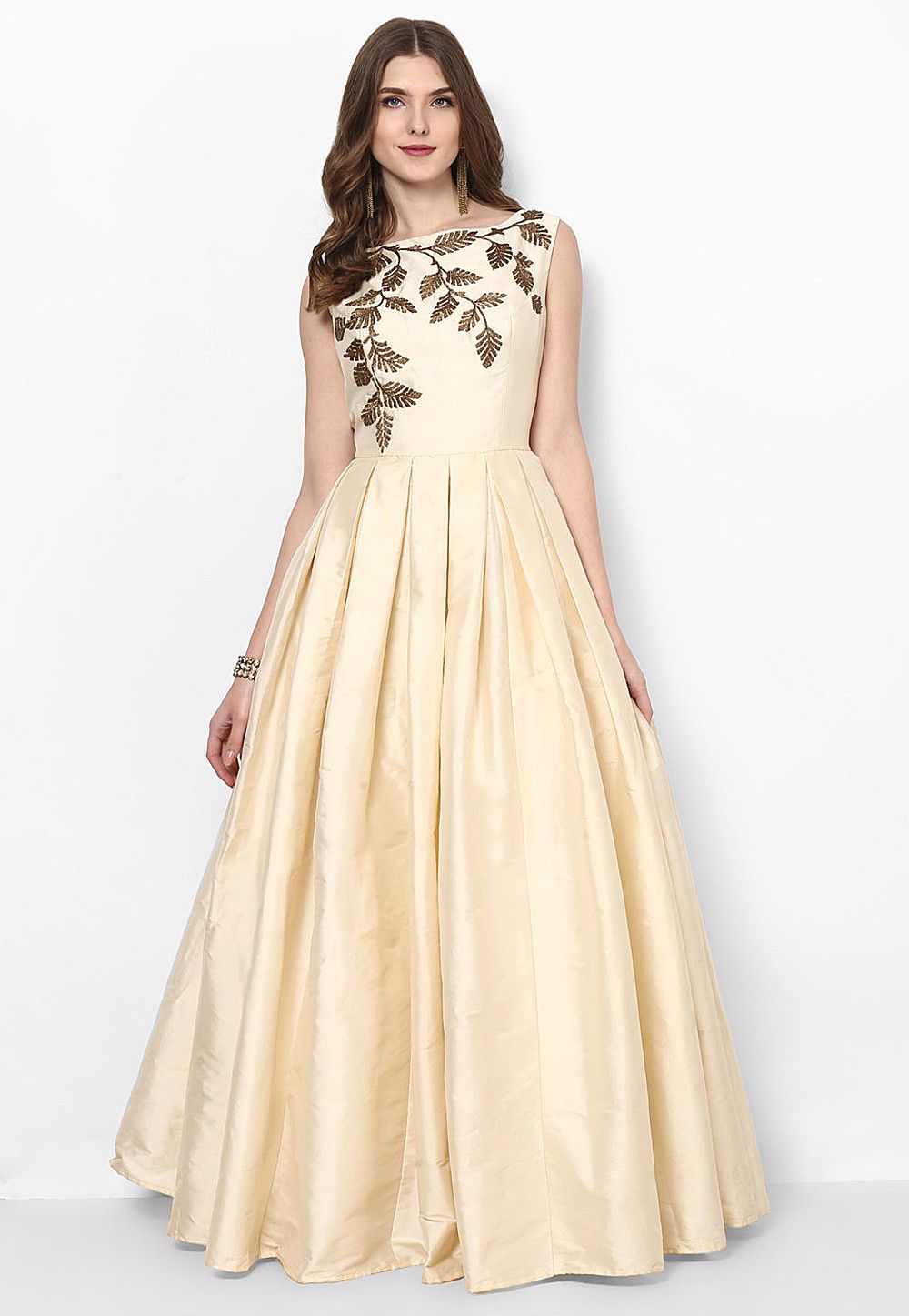 Embroidered Art Silk Flared Gown in Cream