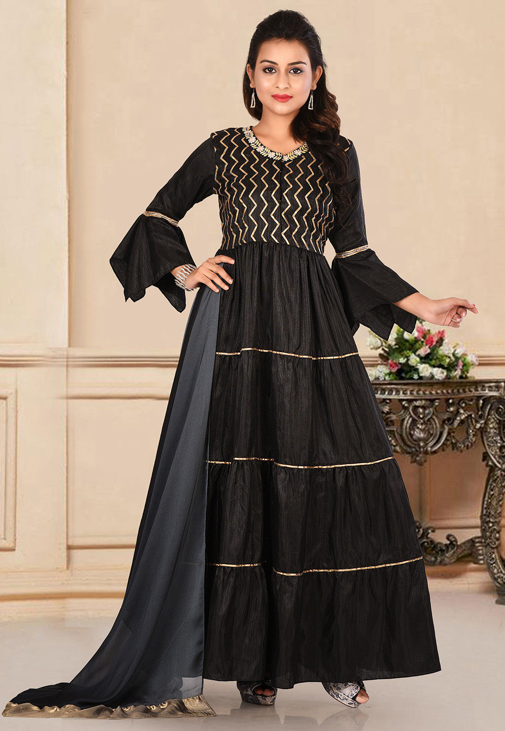 Embroidered Art Silk Gown in Black