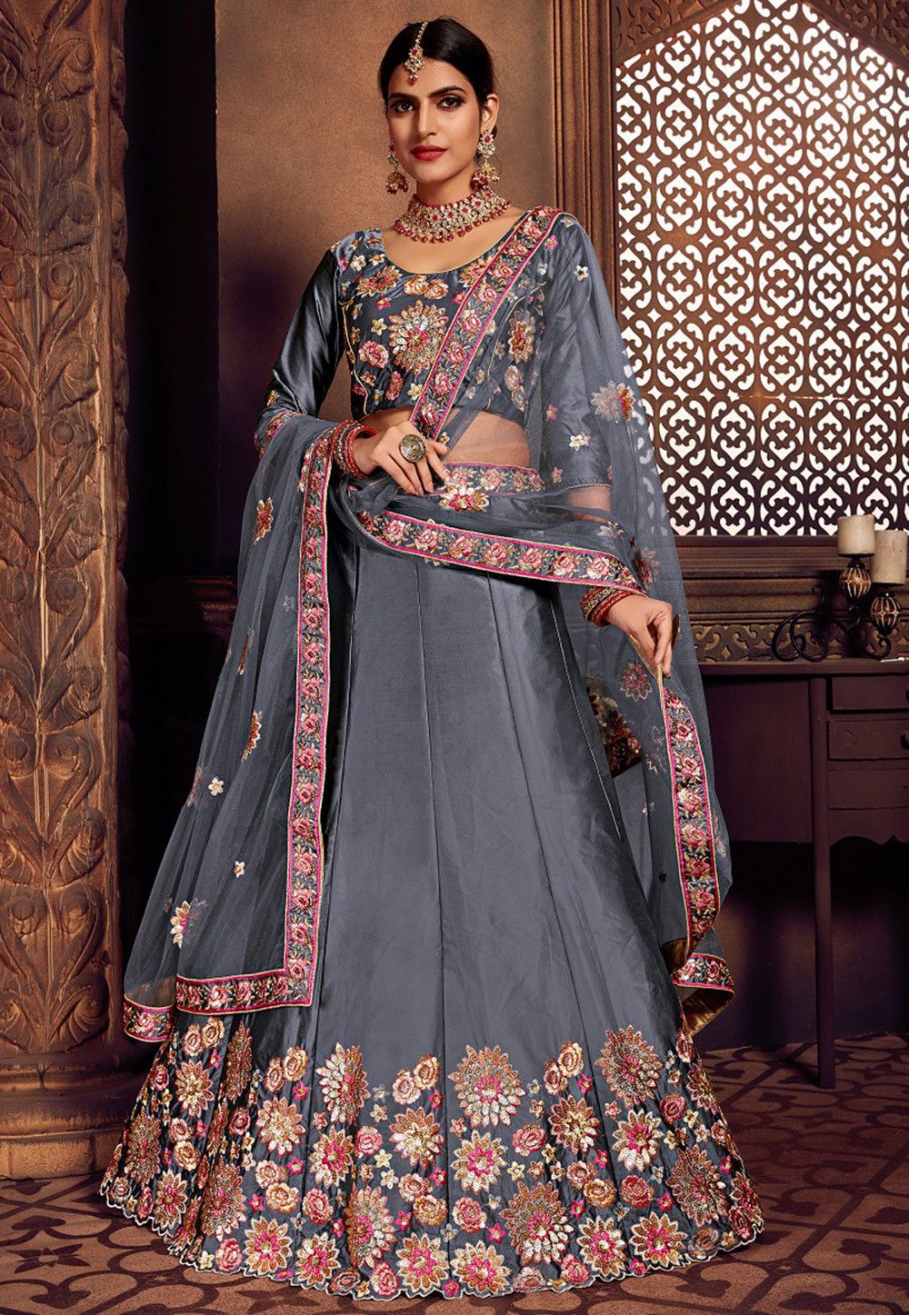 Embroidered Art Silk Lehenga in Grey