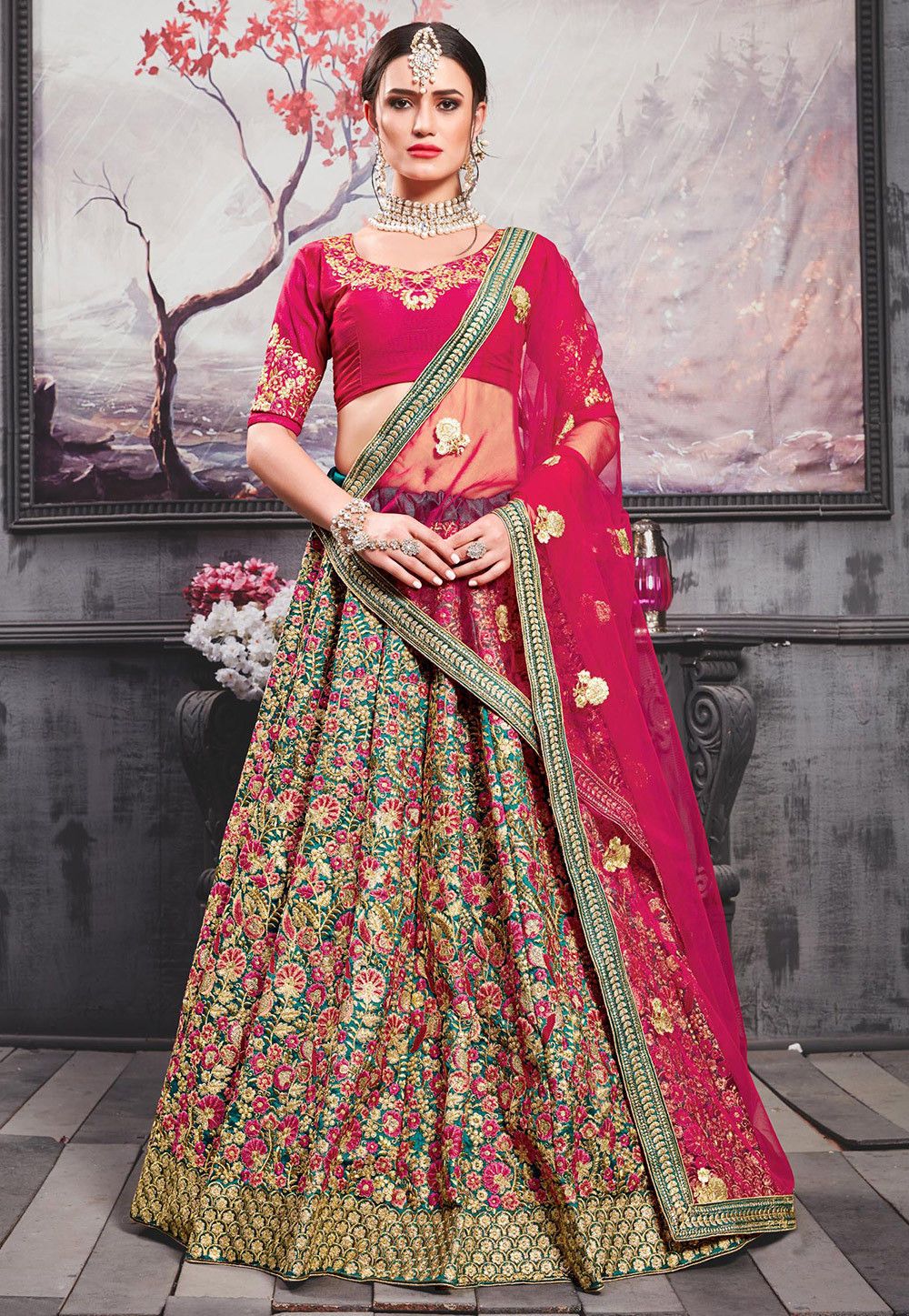 Embroidered Art Silk Lehenga in Teal Green and Fuchsia