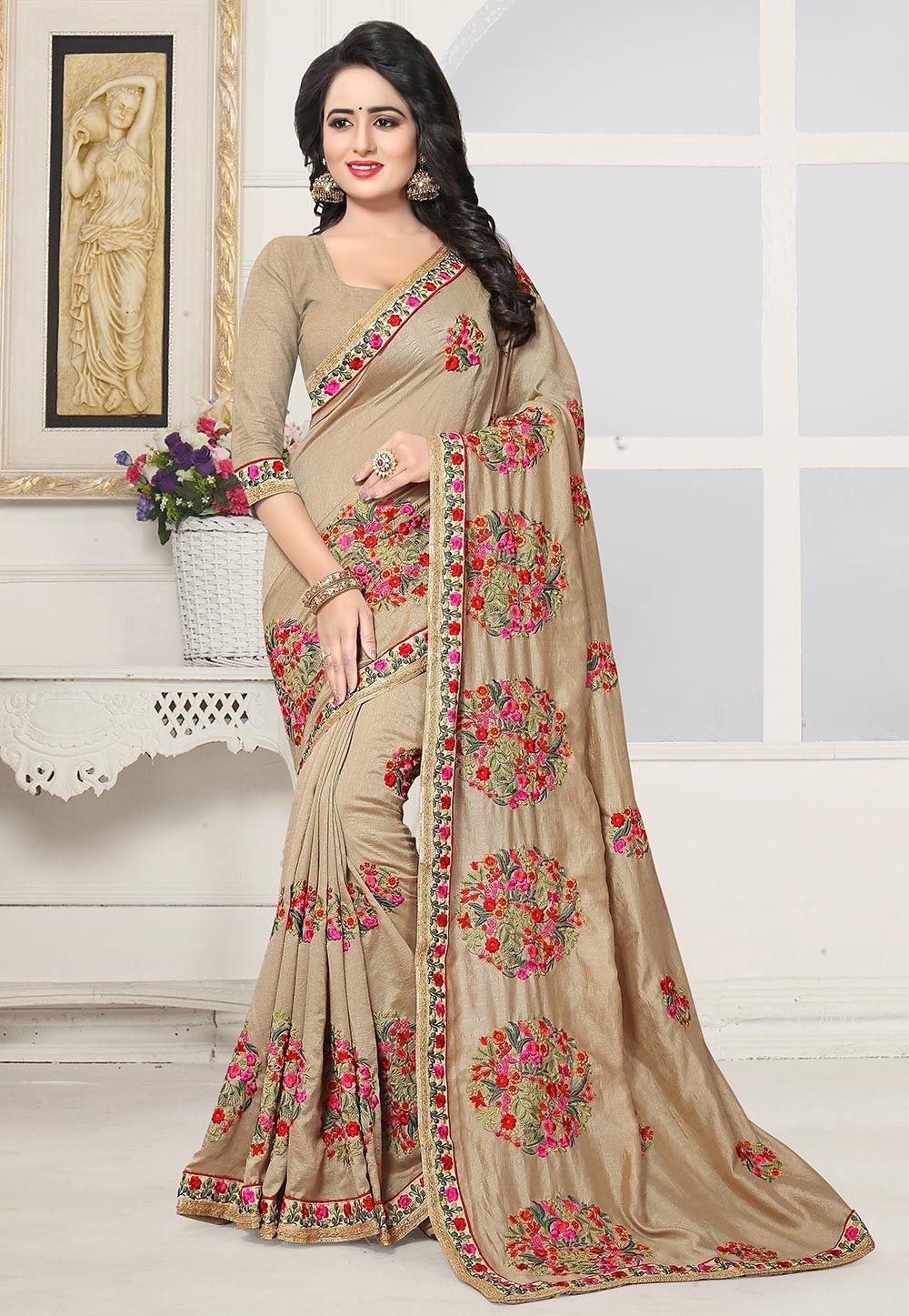 Embroidered Art Silk Saree in Beige