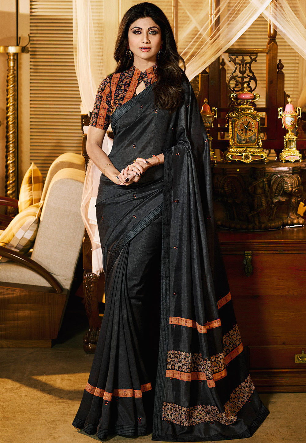 Embroidered Art Silk Saree in Dark Grey