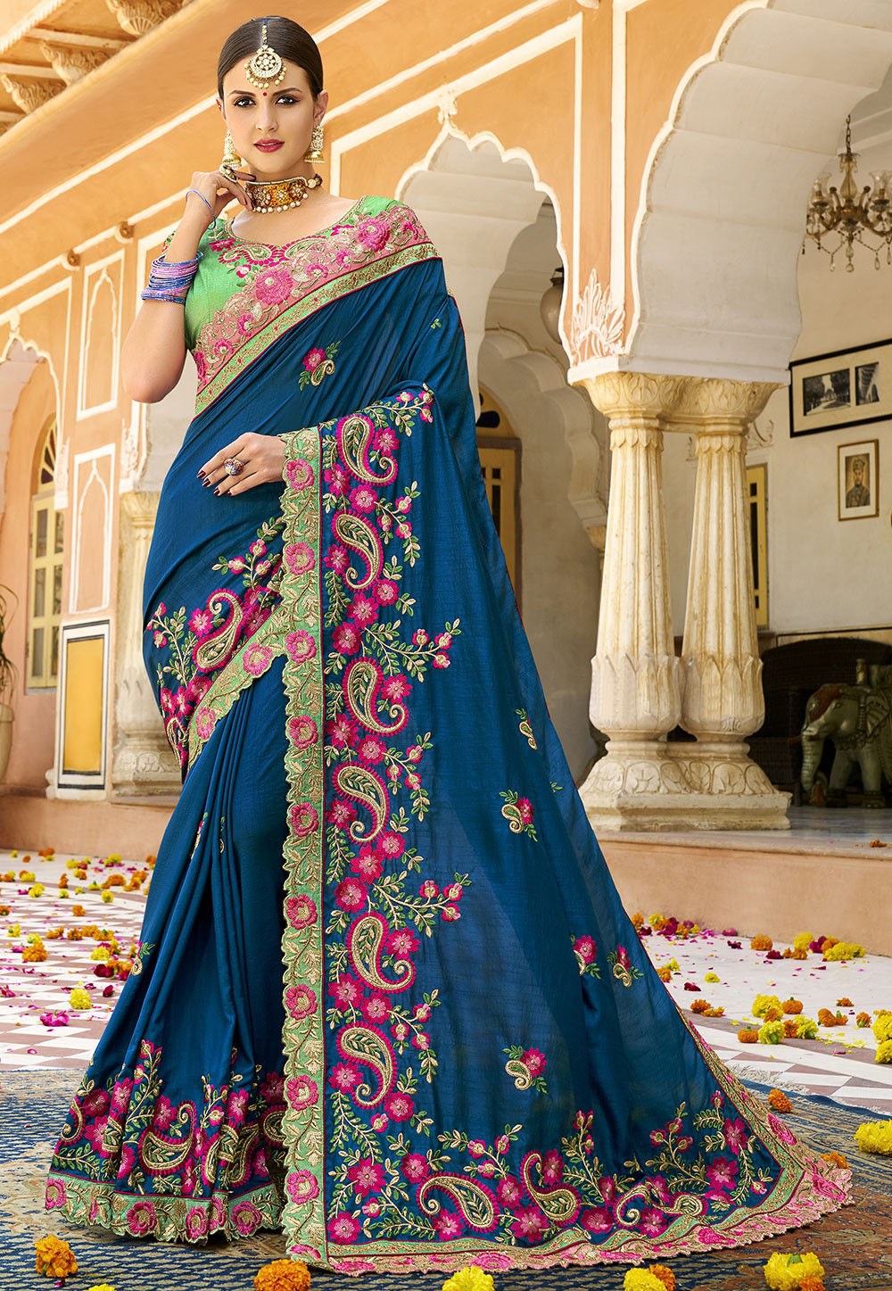 Embroidered Art Silk Saree in Teal Blue