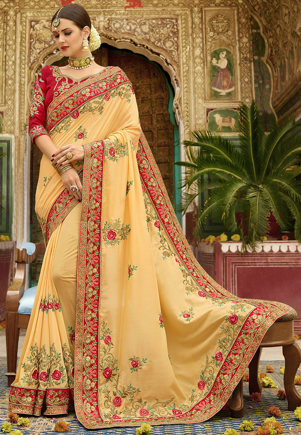 Embroidered Art Silk Saree in Yellow