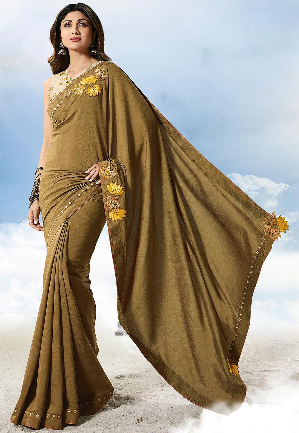 Embroidered Border Art Silk Saree in Dark Beige