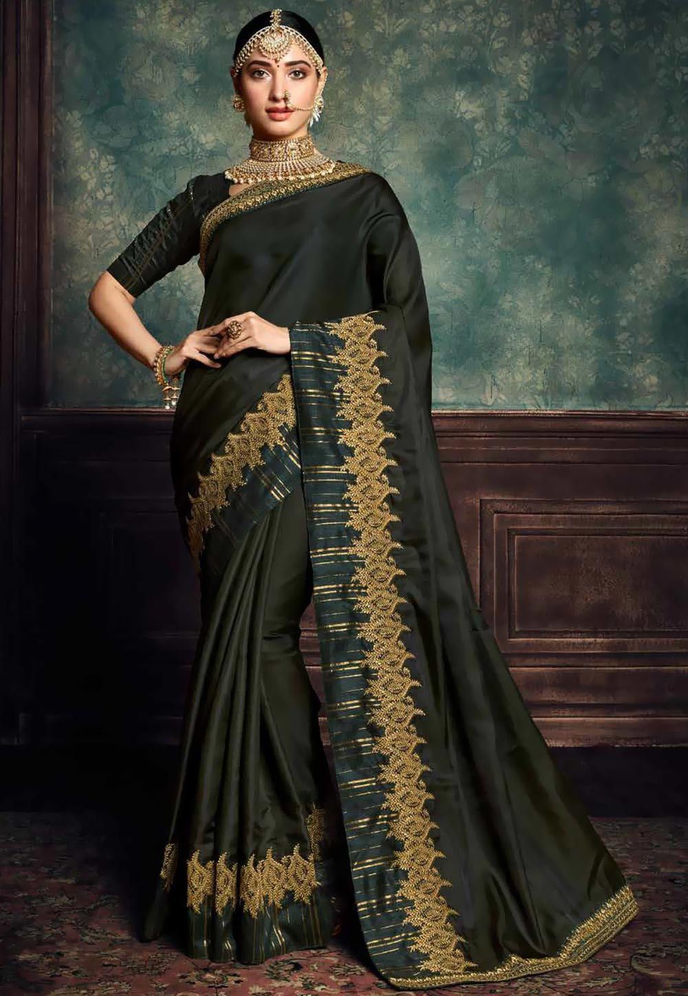 Embroidered Border Art Silk Saree in Dark Olive Green