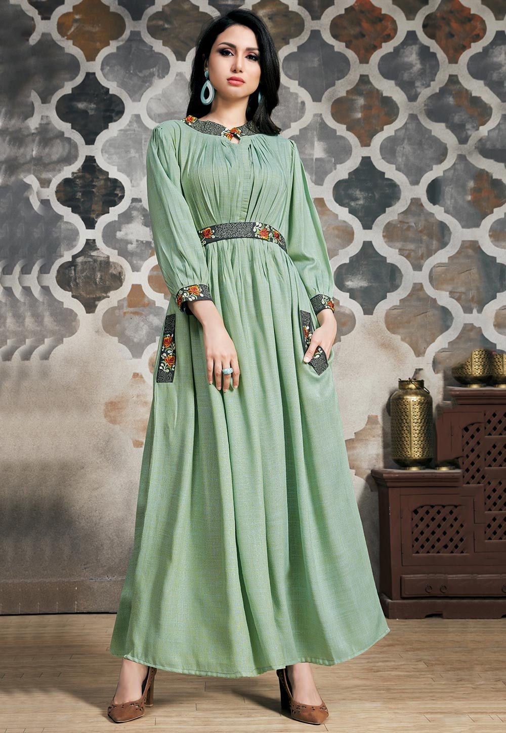 Embroidered Cotton Flared Gown in Pastel Green