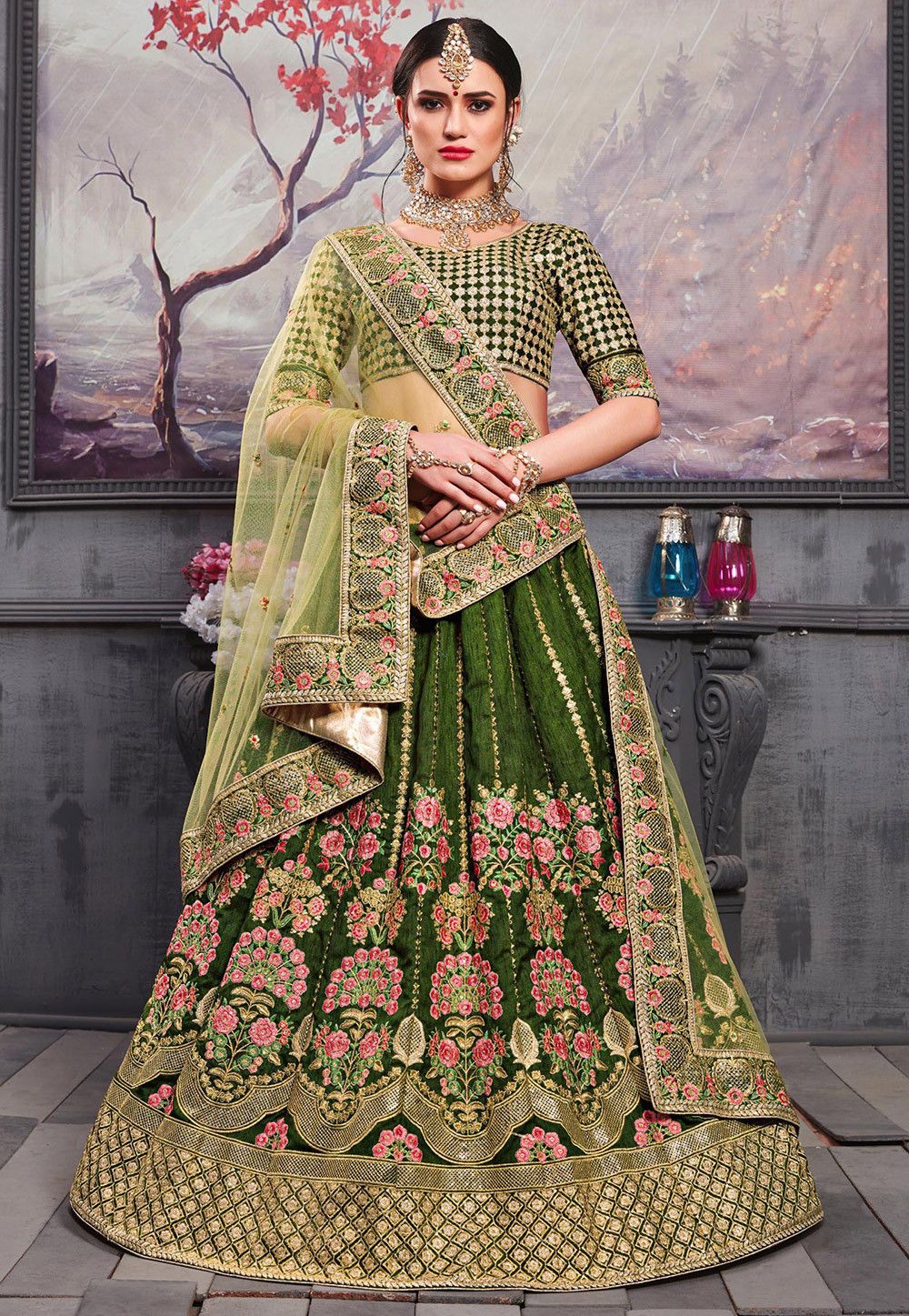 Embroidered Dupion Silk Lehenga in Olive Green