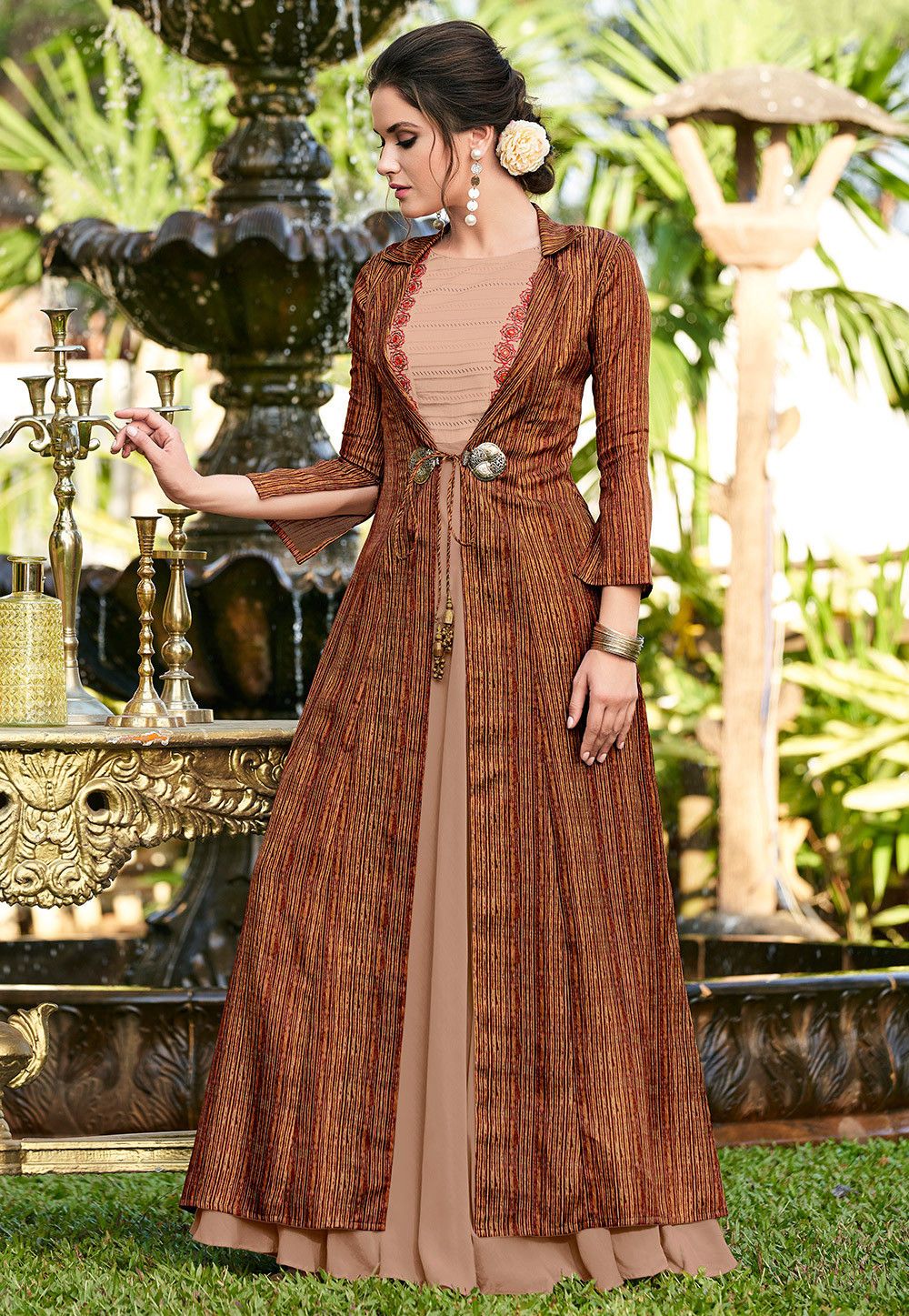 Embroidered Muslin Silk Gown in Beige