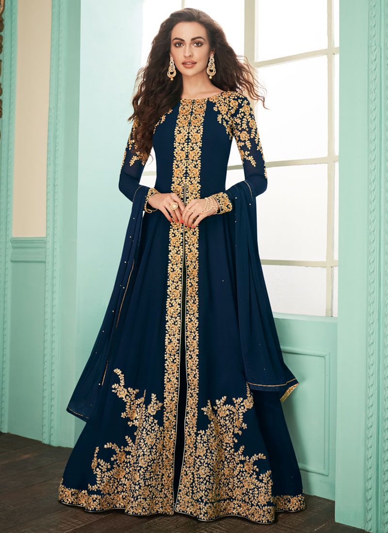 Embroidered Navy Blue Georgette Designer Suit