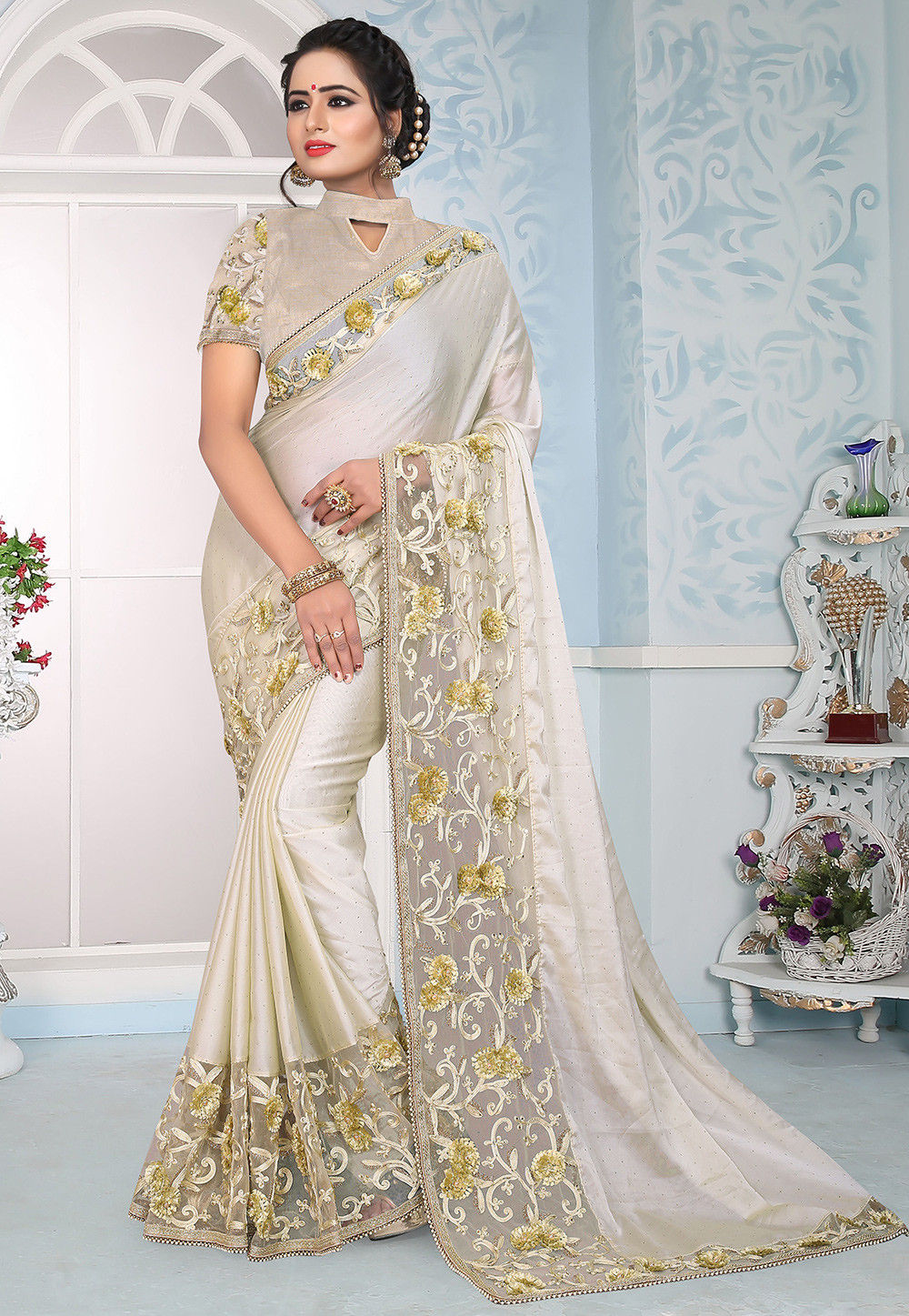 Embroidered Satin Georgette Saree in Cream