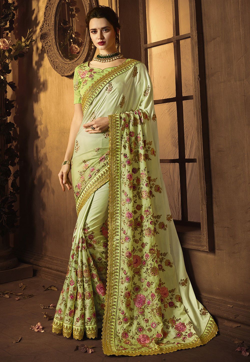 Embroidered Satin Georgette Saree in Light Olive Green Saree