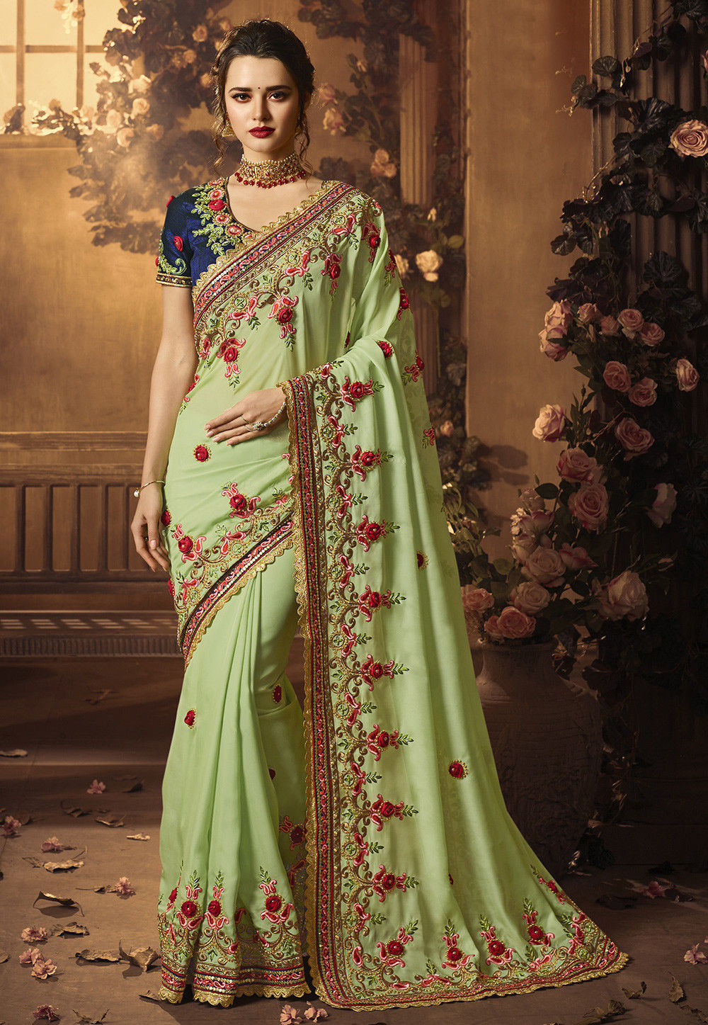 Embroidered Satin Georgette Saree in Pastel Green