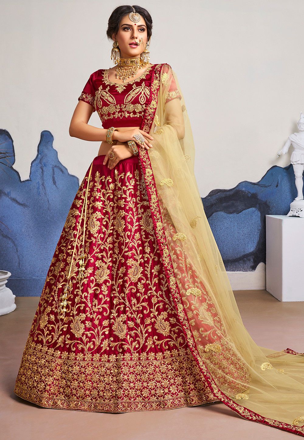 Embroidered Satin Lehenga in Maroon