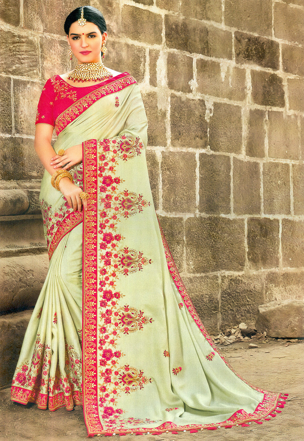 Embroidered Satin Saree in Pastel Green