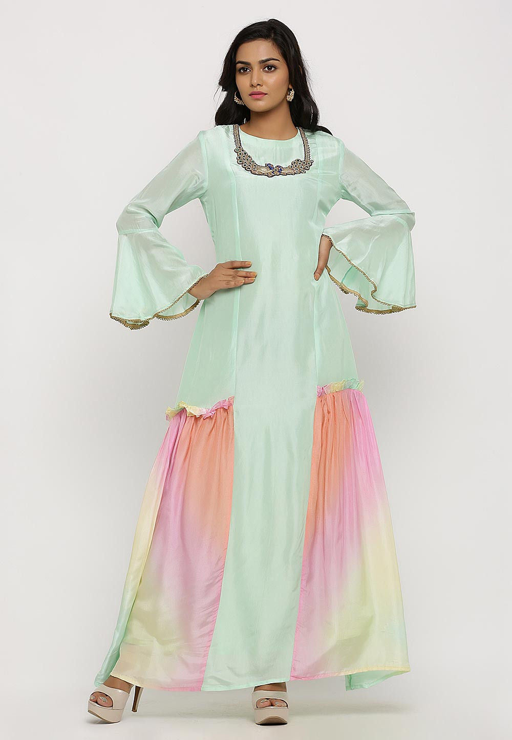 Embroidered Uppada Silk Panelled Long Kurta in Green