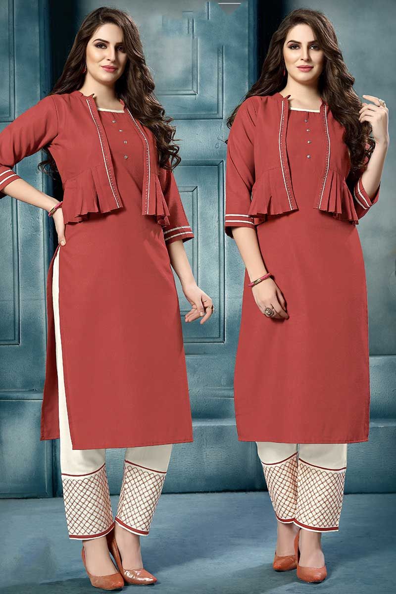 Embroidery Work Rust Red Color Cotton Kurti