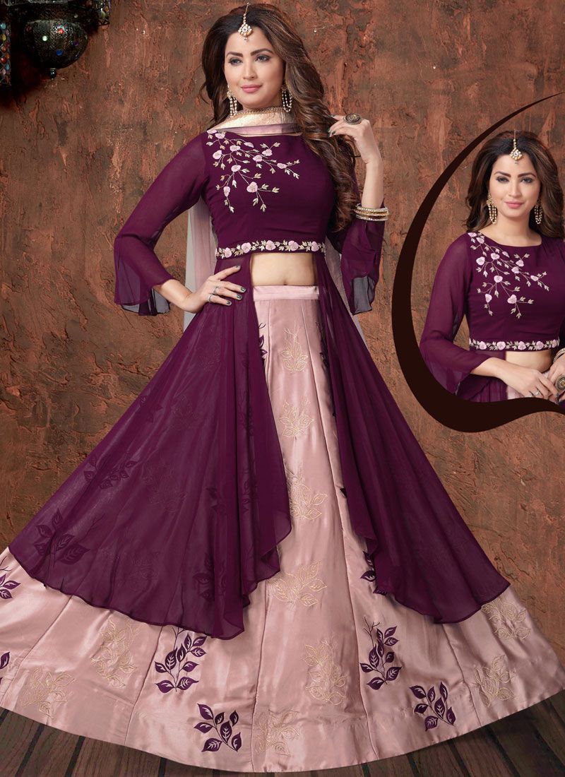 Faux Georgette Embroidered Purple Readymade Lehenga Choli