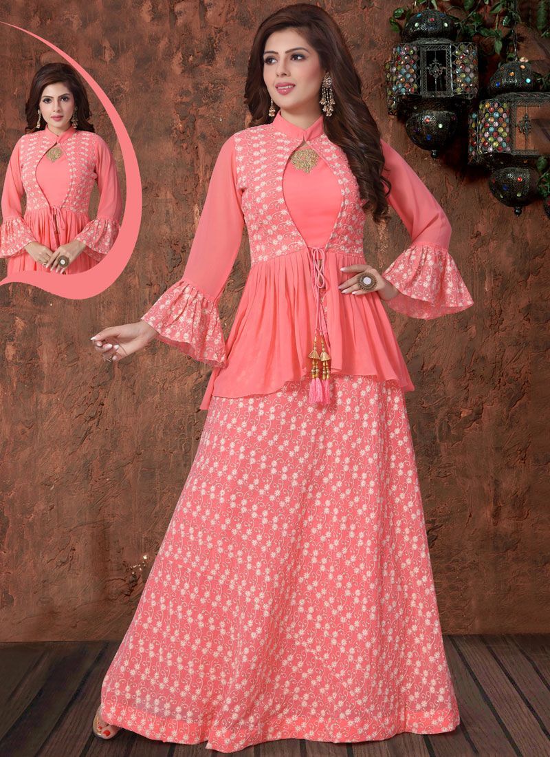 Faux Georgette Pink Embroidered Readymade Lehenga Choli