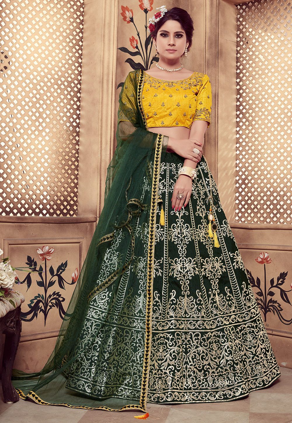Foil Printed Art Silk Lehenga in Dark Olive Green