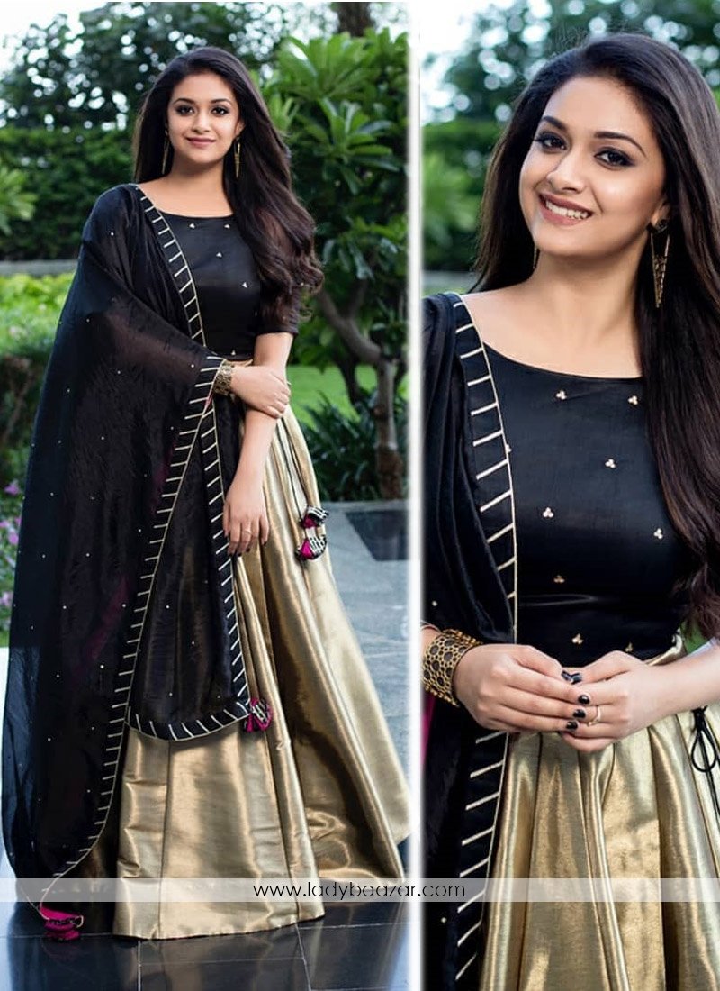 Gold And Black Designer Lehenga Choli With Moti Work Dupatta