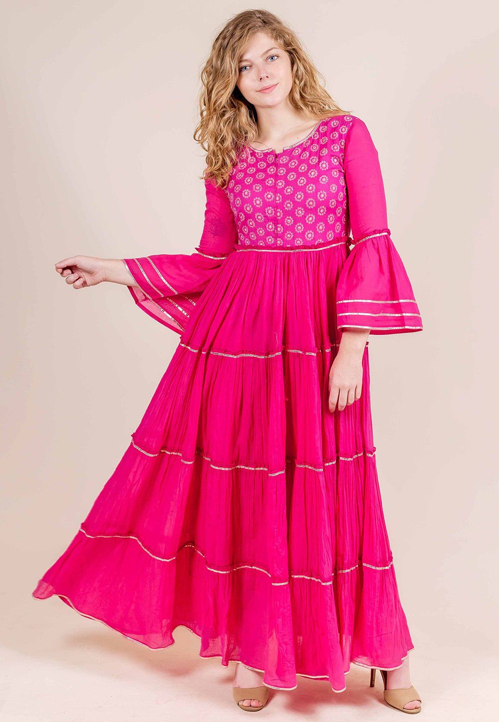 Gota Lace Cotton Circular Gown in Fuchsia