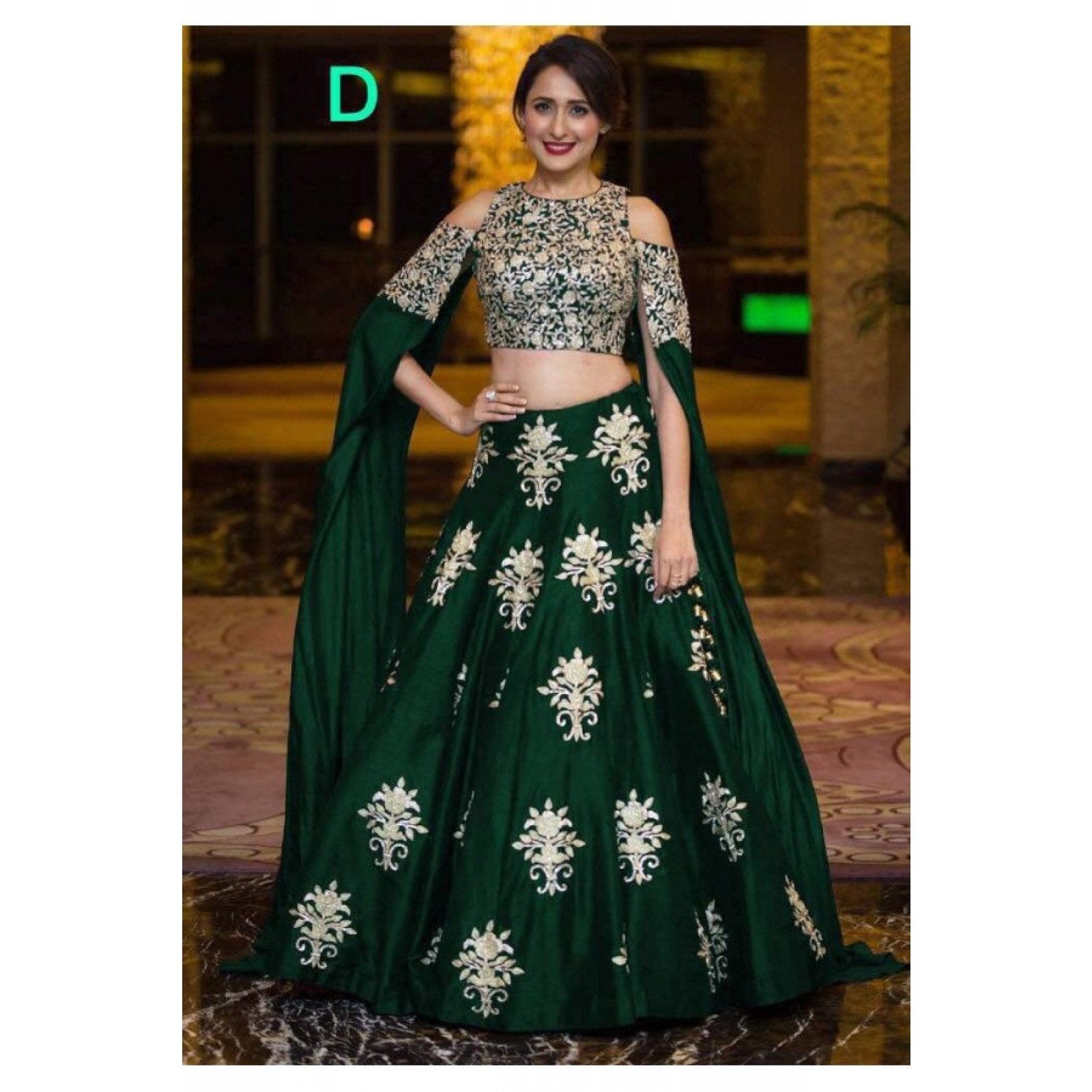 Green Raw Silk Designer Crop Top Lehenga