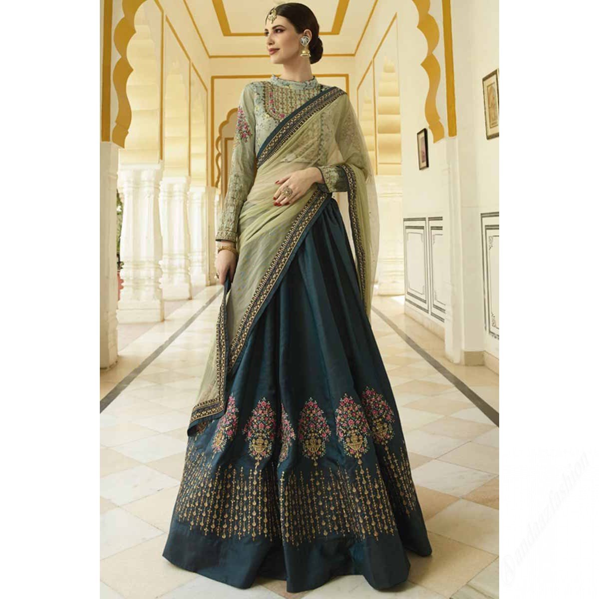 Dark Peacock Green Silk Lehenga With Silk Choli