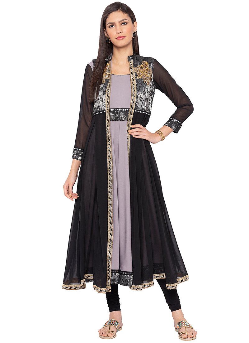 Grey N Black Faux Crepe Kurti