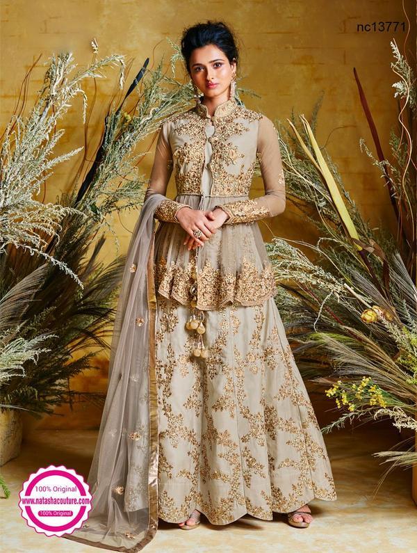 Grey Net & Silk Readymade Long Blouse Designer Lehenga