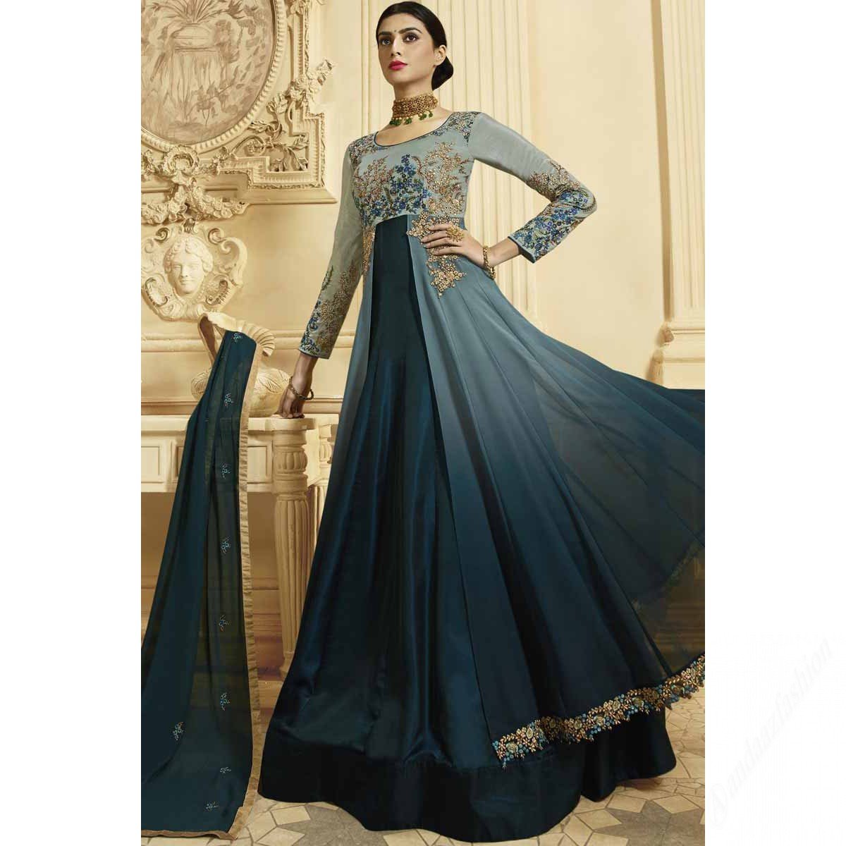 Icy Grey And Deep Teal Banglori Silk Anarkali Suit
