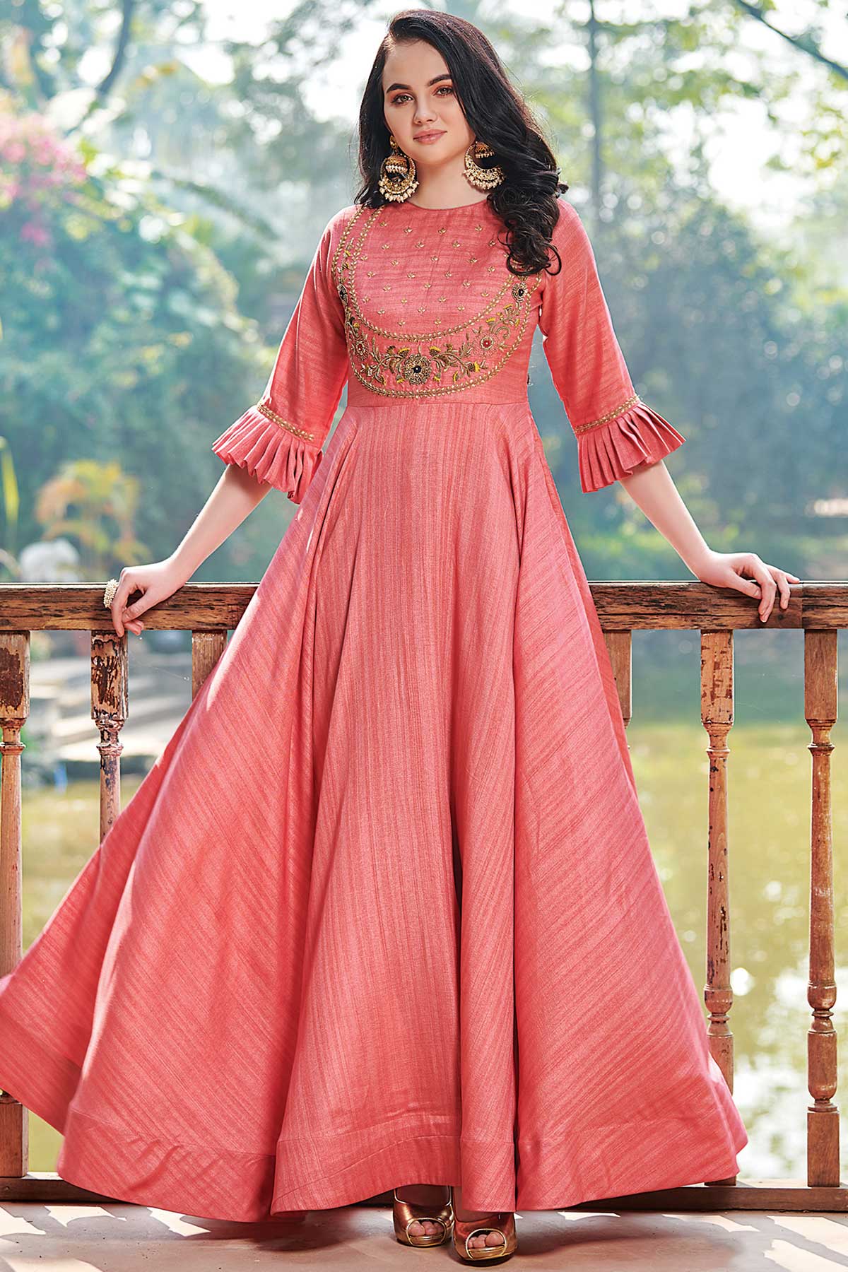 Terracotta Pink Zardosi Embroidered Silk Dress