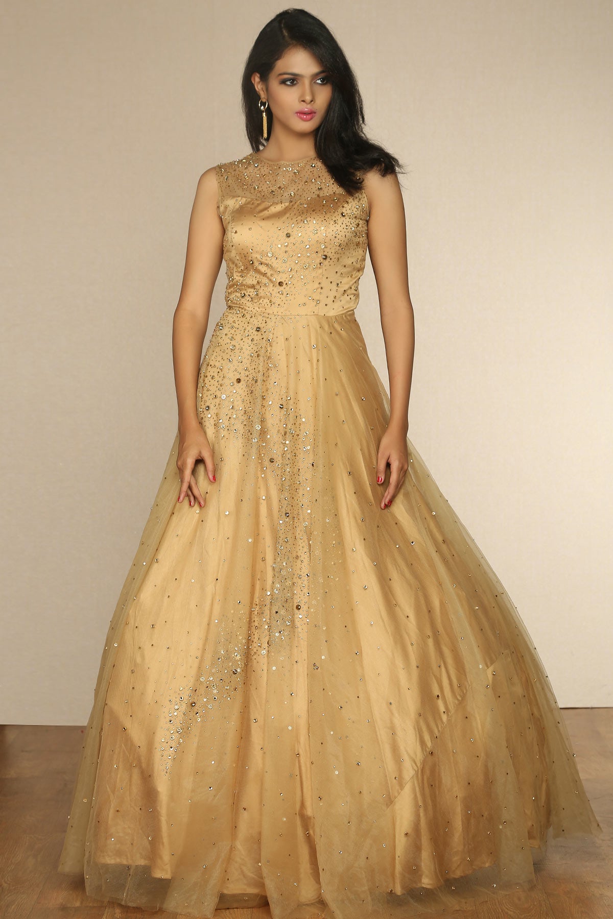 Gold Stone Embroidered Net Evening Gown