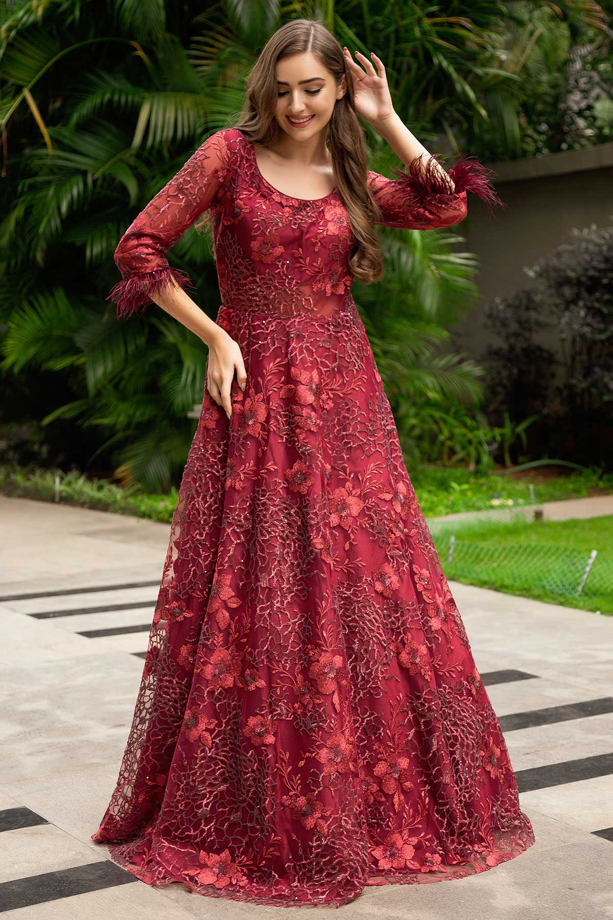 Persian Red Resham Embroidered Net Evening Gown