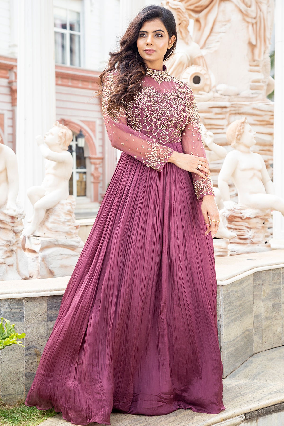 Plum Sequins Embroidered Net Evening Gown