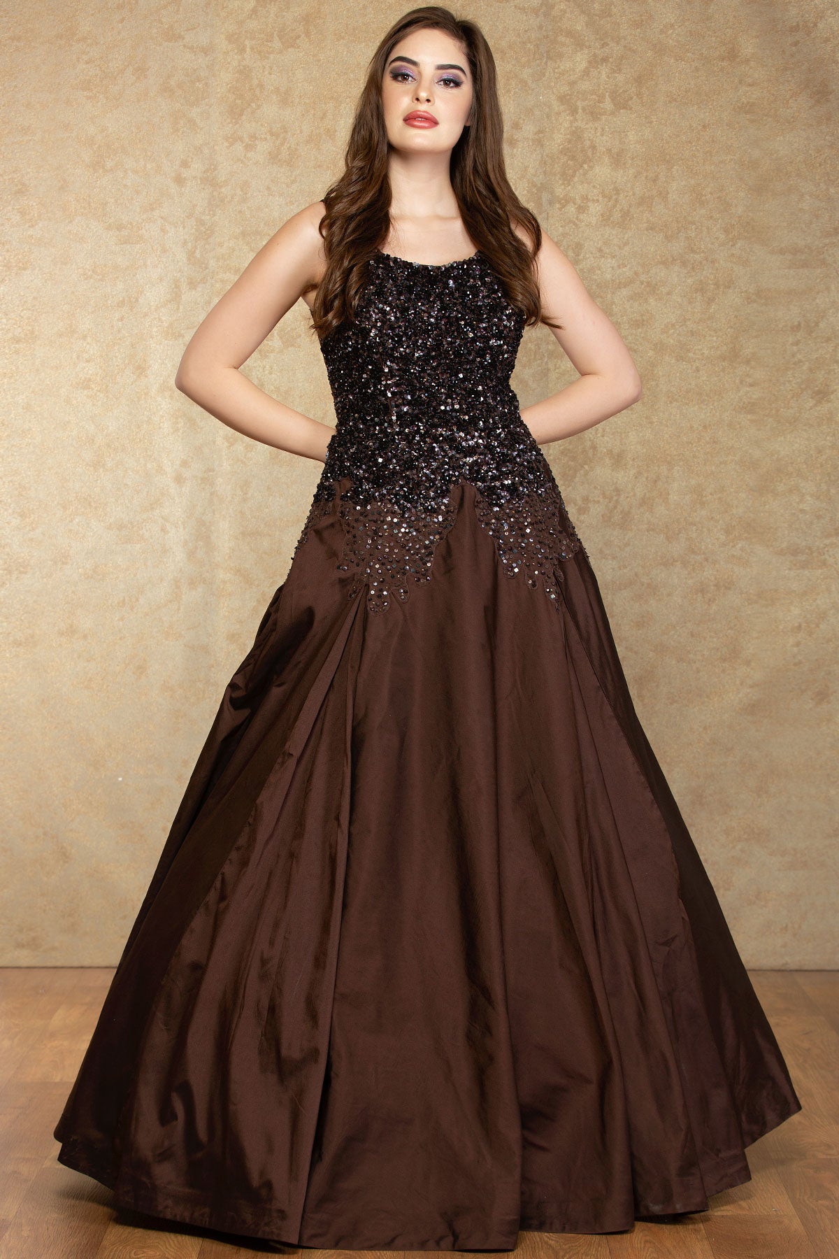 Bistre Brown Sequins Embroidered Silk Evening Gown