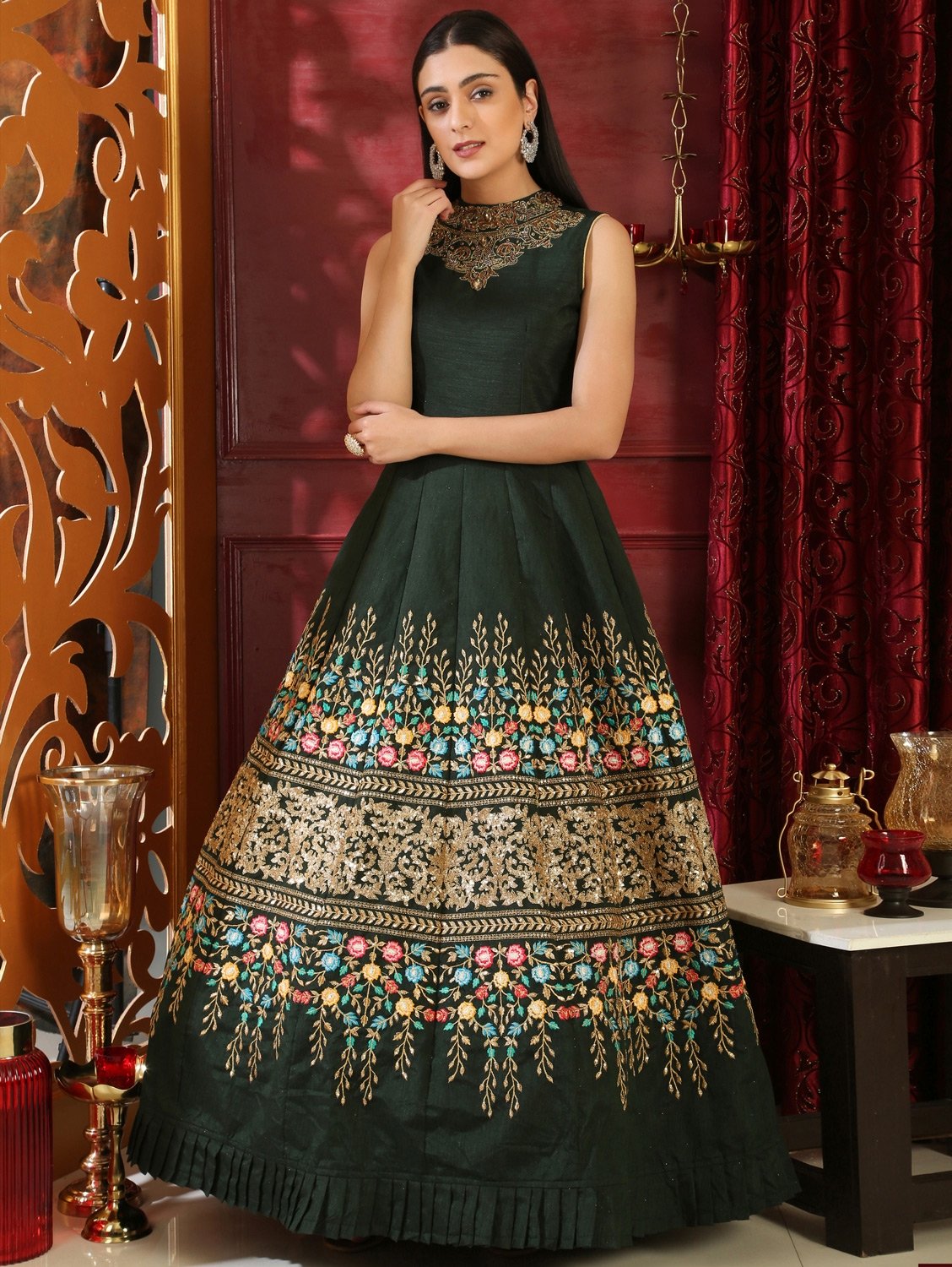 Green Silk Designer Floral Embroidered Gown with Sequins Work